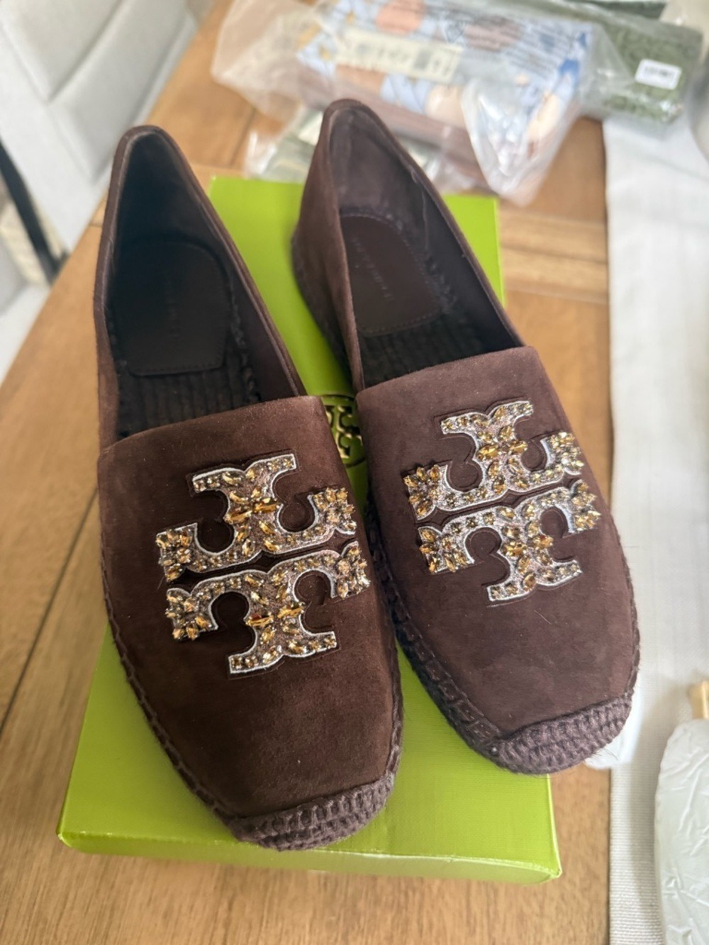 Tory Burch Brown Suede Slip-On Loafers with Crystal Double-T Logo